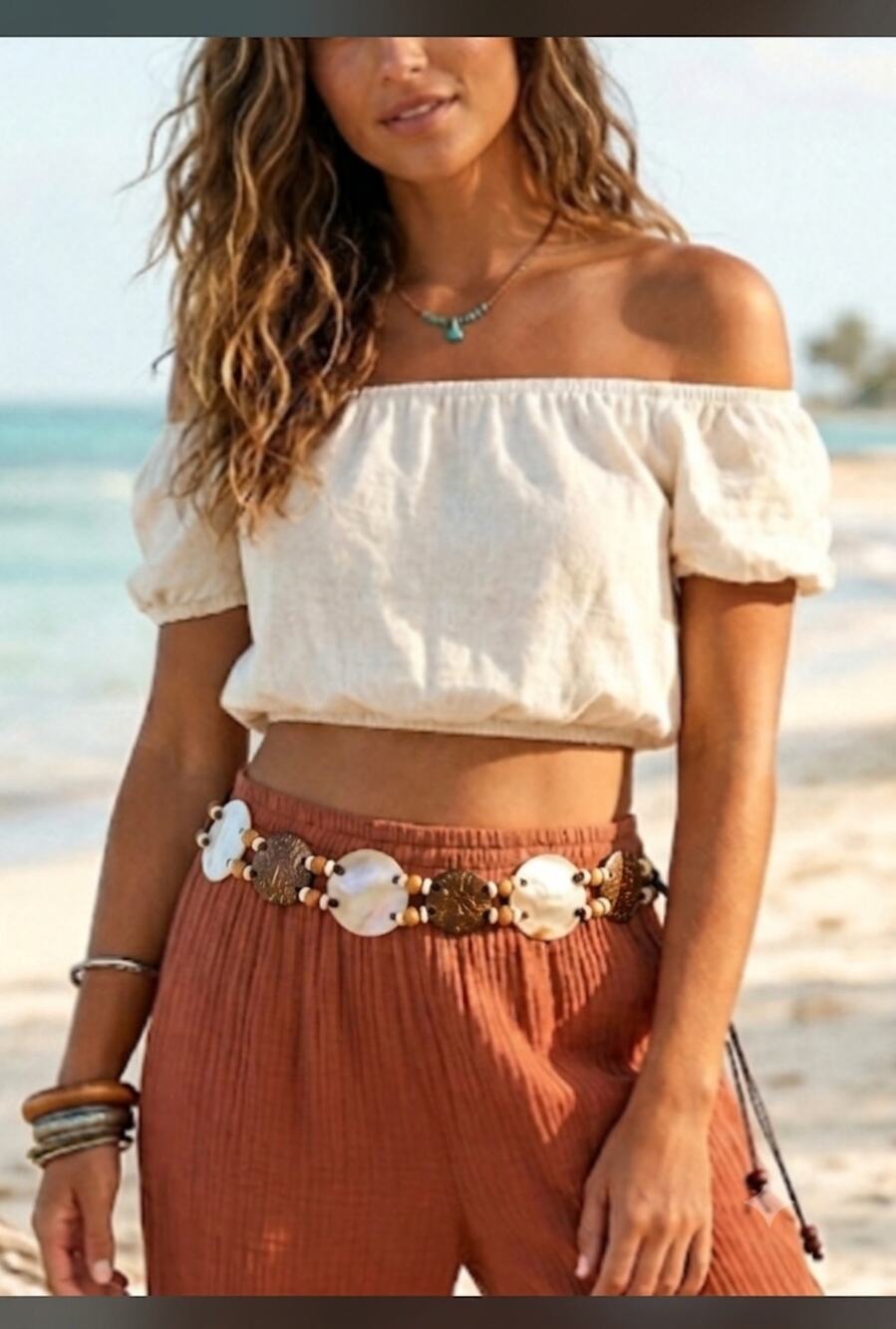 Vintage Mother of Pearl Shell Coconut Disc Tie Belt Beads Boho Waist Sash Beachy